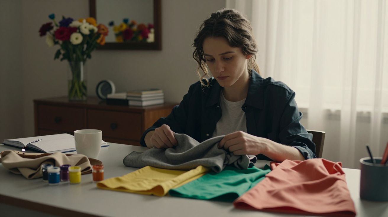 Mulher concentrada a analisar tecidos coloridos numa mesa com flores e materiais de trabalho ao fundo.