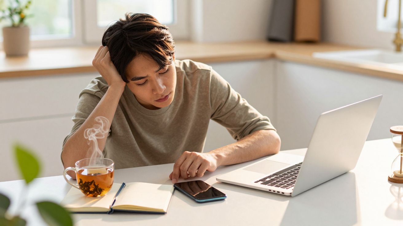 Homem pensativo sentado à mesa com um portátil, chávena de chá, bloco de notas e smartphone.