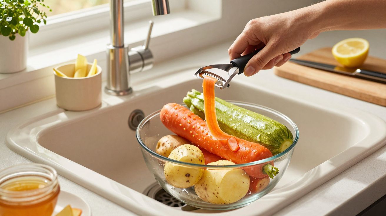 Mão a descascar uma cenoura em cima de tigela com batatas, cenouras e courgetes num lava-loiça iluminado pelo sol.