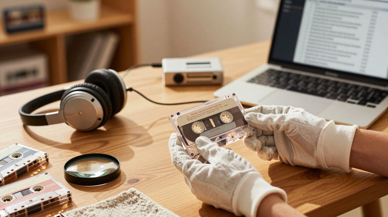 Pessoa de luvas segurando cassete perto de auscultadores, lupa e portátil numa secretária de madeira.