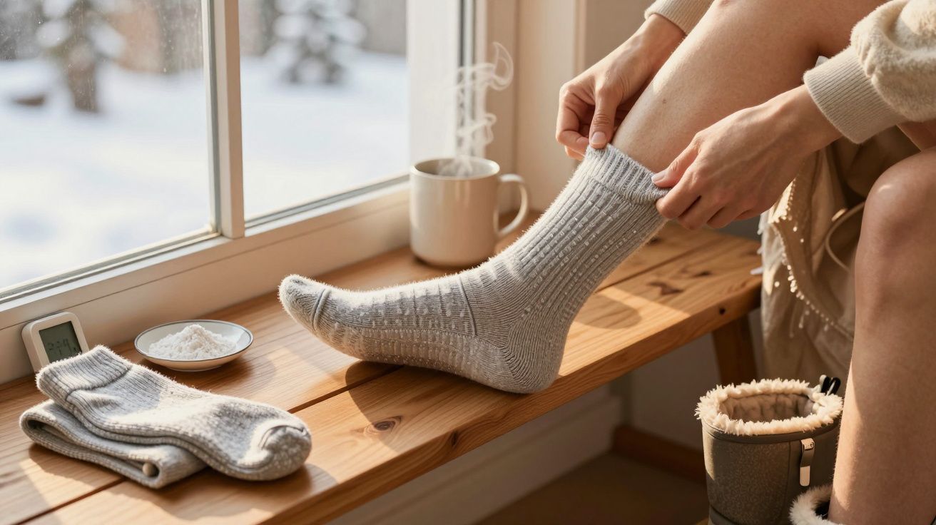 Pessoa a vestir meias cinzentas junto a uma janela, com caneca quente ao lado e cenário de neve lá fora.