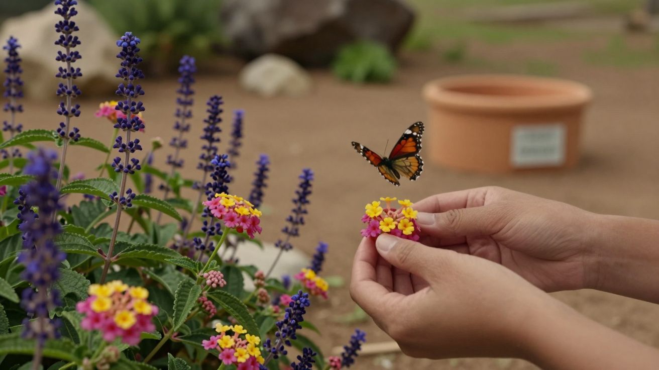 Mãos segurando flores coloridas enquanto uma borboleta voa por perto num jardim com plantas de flores roxas.
