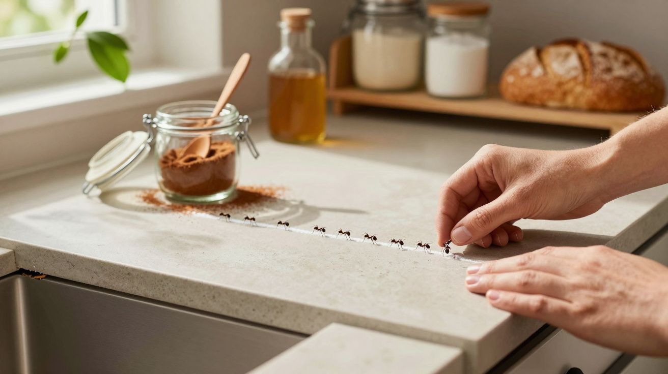 Mãos a ajustar fita adesiva com formigas numa bancada de cozinha ao lado de um frasco de especiarias aberto.