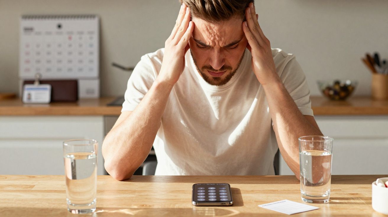Homem com expressão preocupada, mãos na cabeça, à mesa com copos de água e telemóvel à frente.