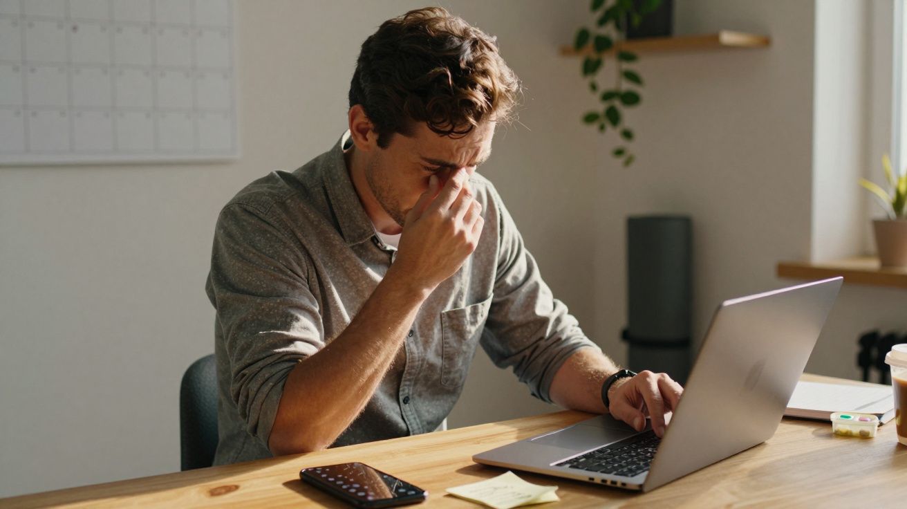 Homem sentado à secretária com computador e telemóvel, esfregando os olhos com ar cansado.