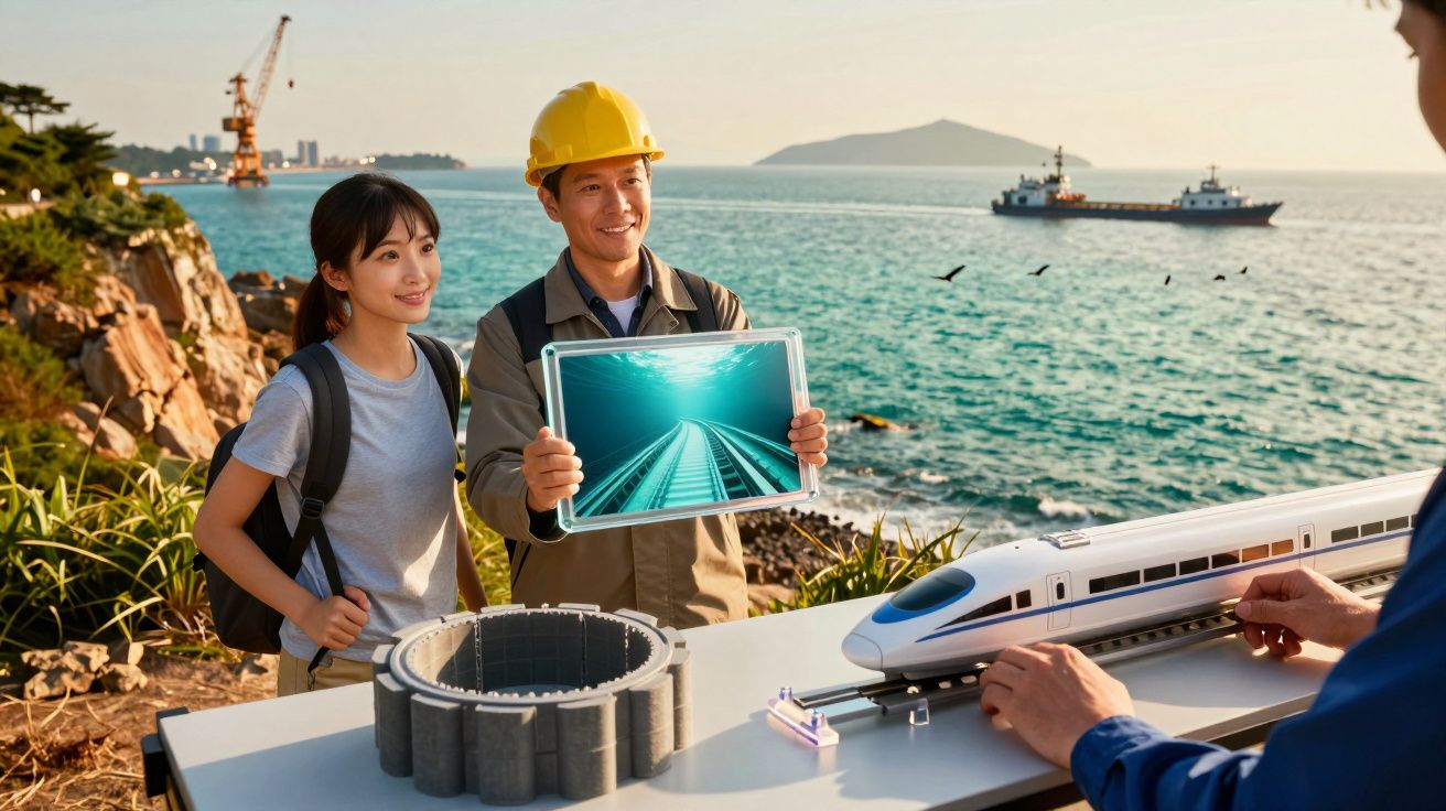 Engenheiro e mulher observam modelo de trem e seguram tablet com imagem de via férrea, junto ao mar.