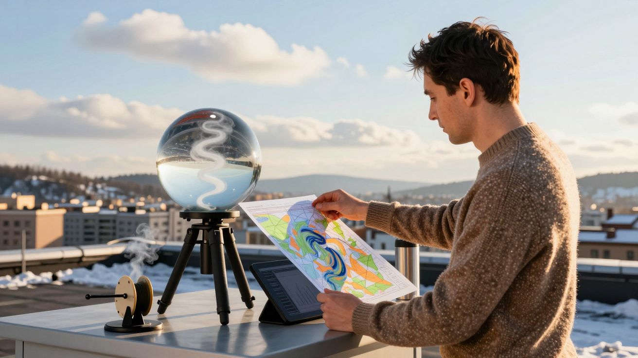 Homem analisa mapa meteorológico ao ar livre com globo de previsão e tablet, cidade nevada ao fundo.