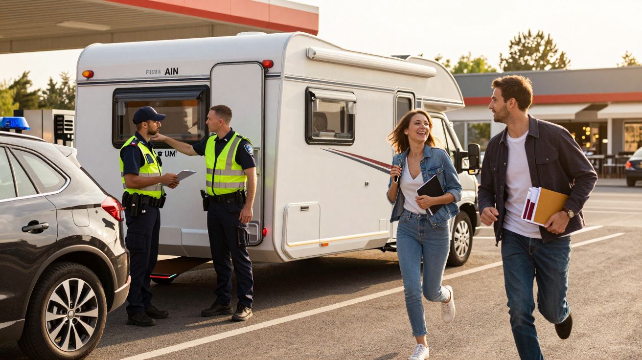 Polícias inspecionam caravana enquanto um casal passa a correr, sorridente, numa estação de serviço.