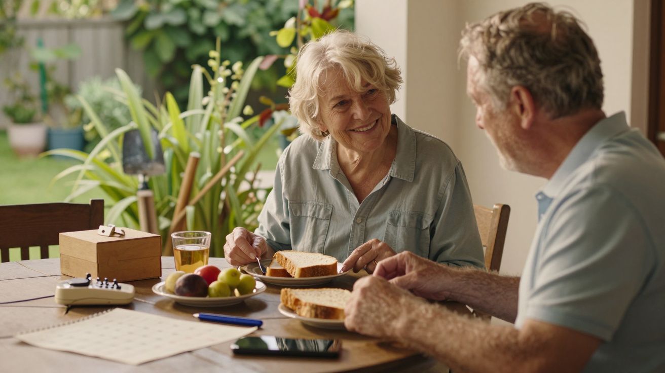 Casal idoso sentado a uma mesa com comida e frutas, sorrindo enquanto tomam refeição ao ar livre num jardim.