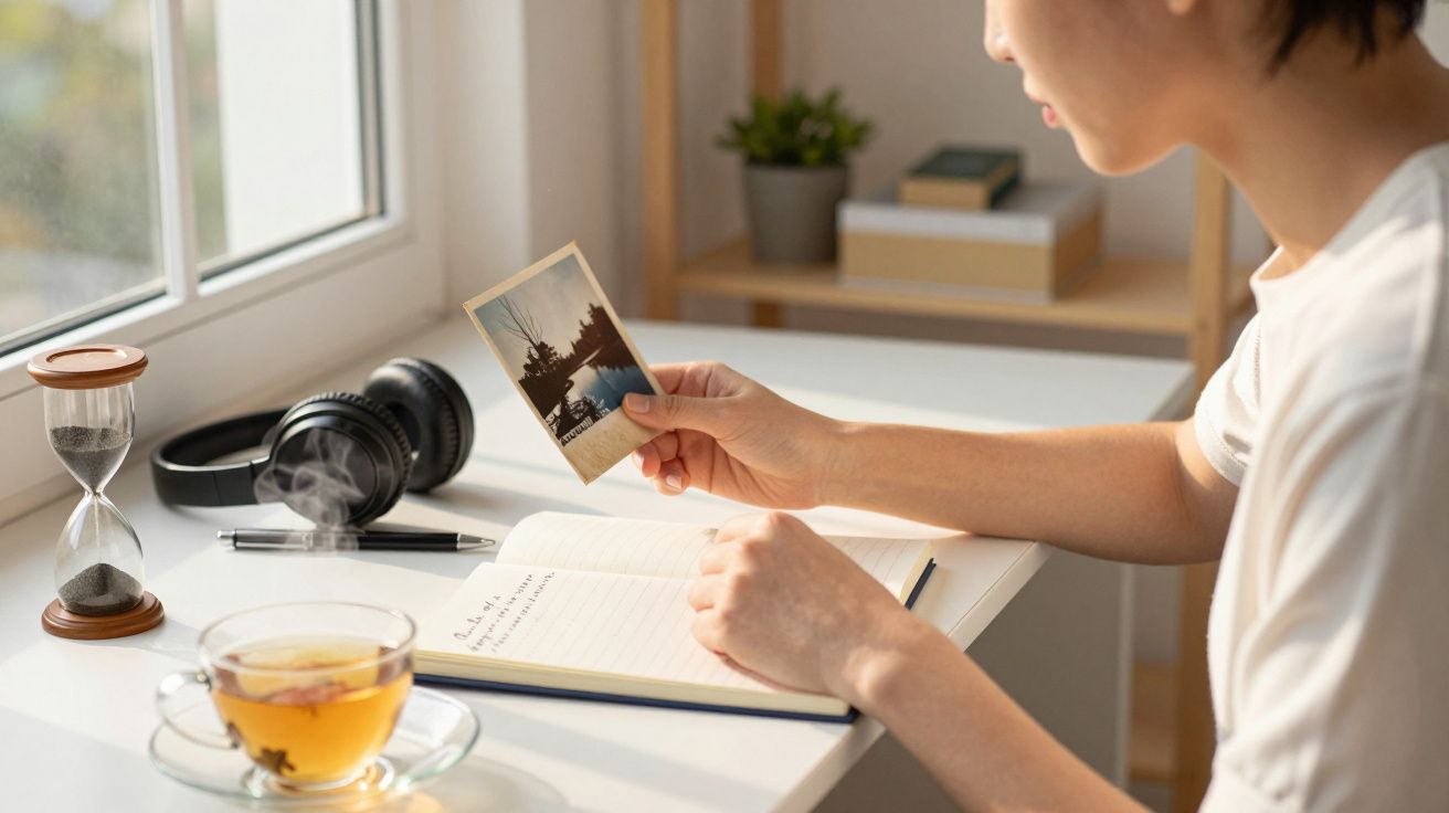 Pessoa segura foto antiga, sentada à secretária com diário, chá, ampulheta e auscultadores. Ambientação tranquila.