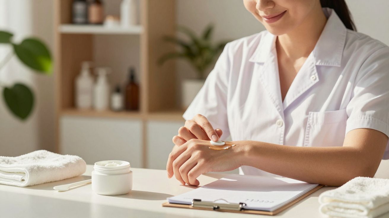 Mulher em uniforme branco aplica creme no braço em ambiente de spa com toalhas e produtos ao fundo.