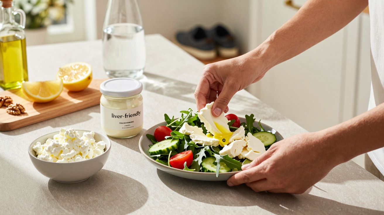Pessoa preparando salada com alface, tomate, pepino e queijo, ao lado de ingredientes e azeite numa bancada.