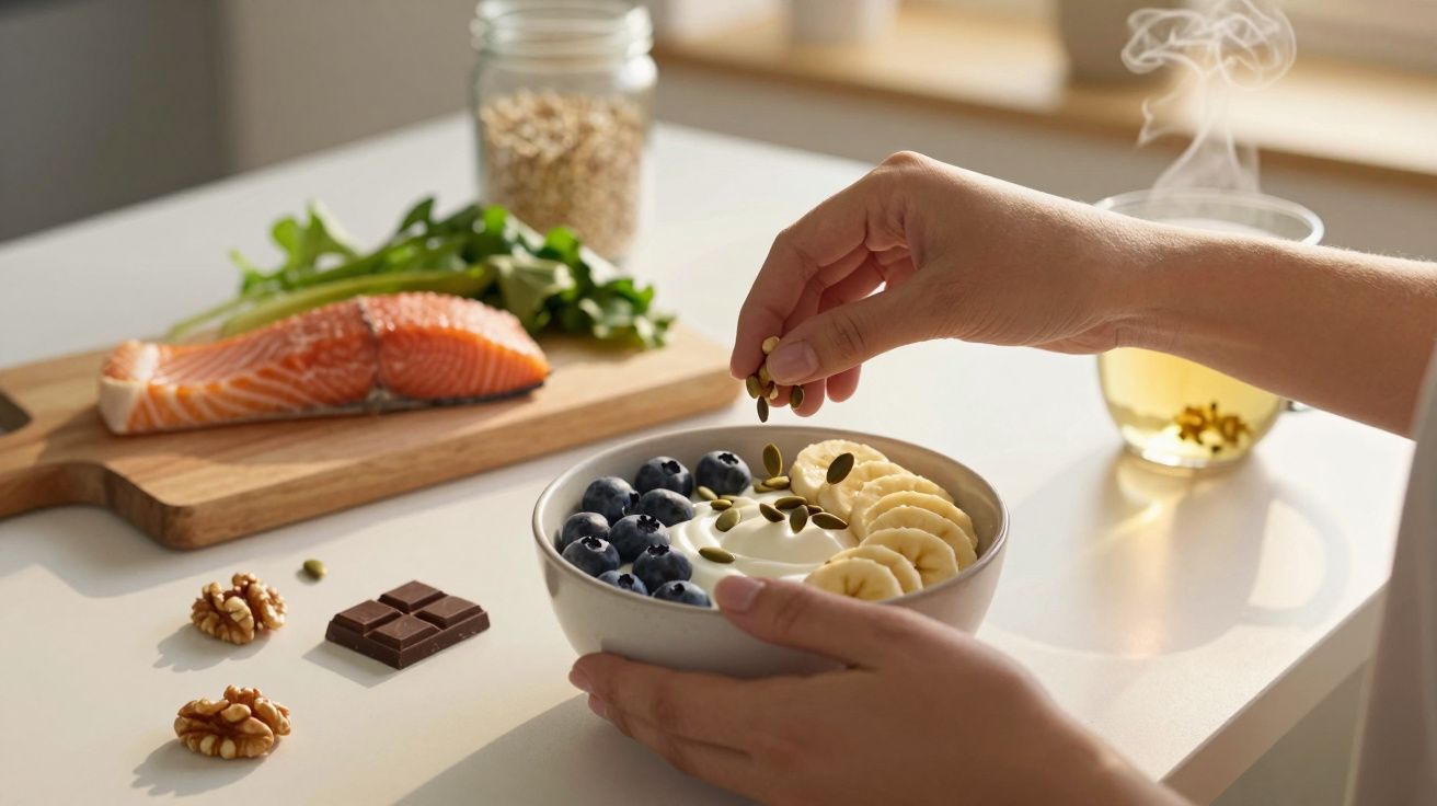 Mãos seguram uma taça com iogurte, banana, mirtilos e sementes; salmão, chá, nozes e chocolate no fundo.