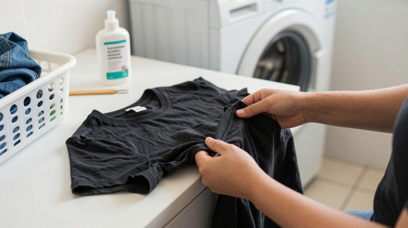 Pessoa segurando camiseta preta na lavanderia com máquina de lavar e cesto de roupa ao fundo.
