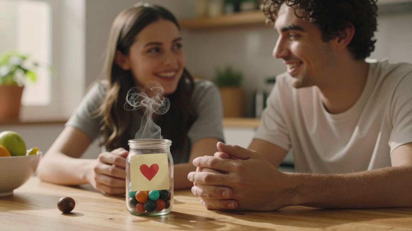 Casal sorridente à mesa com frasco de vidro fumegante e etiqueta de coração, decorado com bolas coloridas.