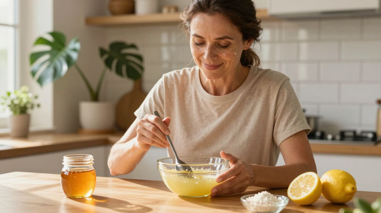 Mulher a misturar ingredientes numa taça na cozinha. Há um frasco de mel e limões sobre a mesa.