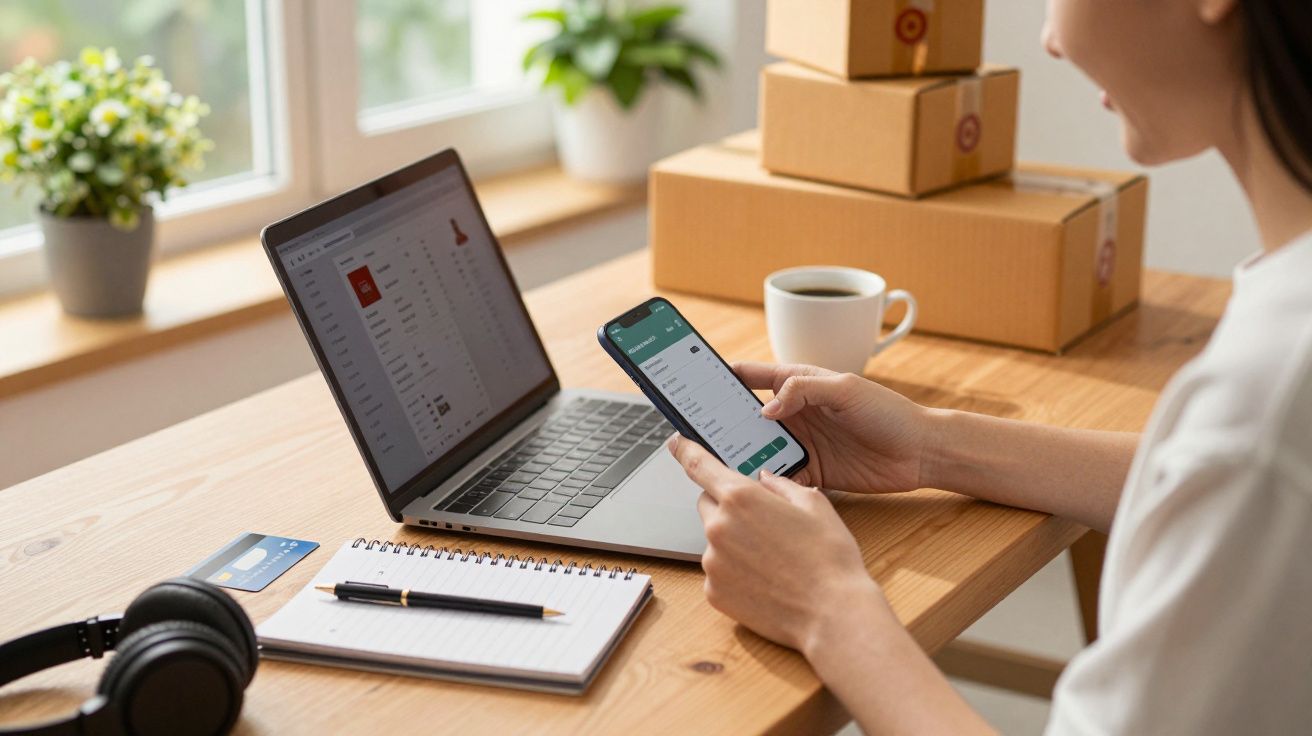 Mulher com telemóvel e portátil numa mesa de madeira; encomendas, auscultadores e café ao fundo.