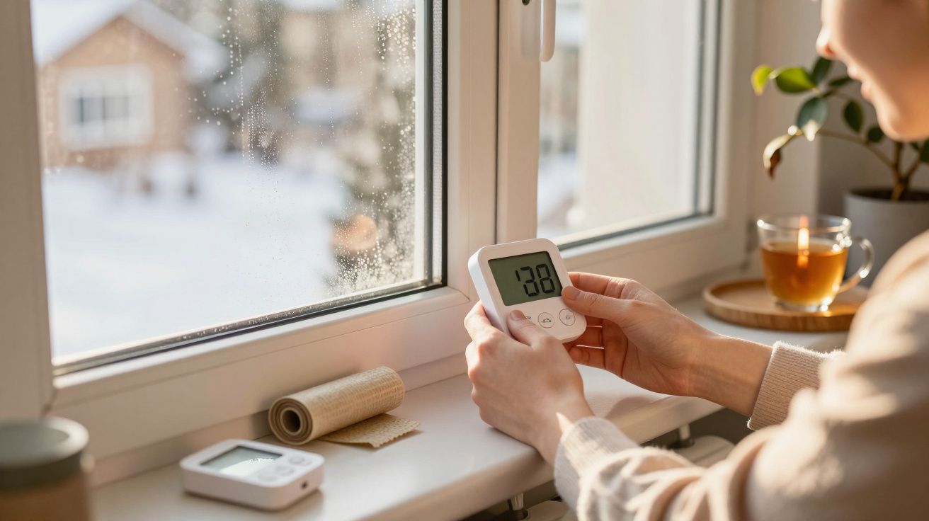 Pessoa ajusta termostato digital perto de janela com vista para exterior nevado e chá ao lado.