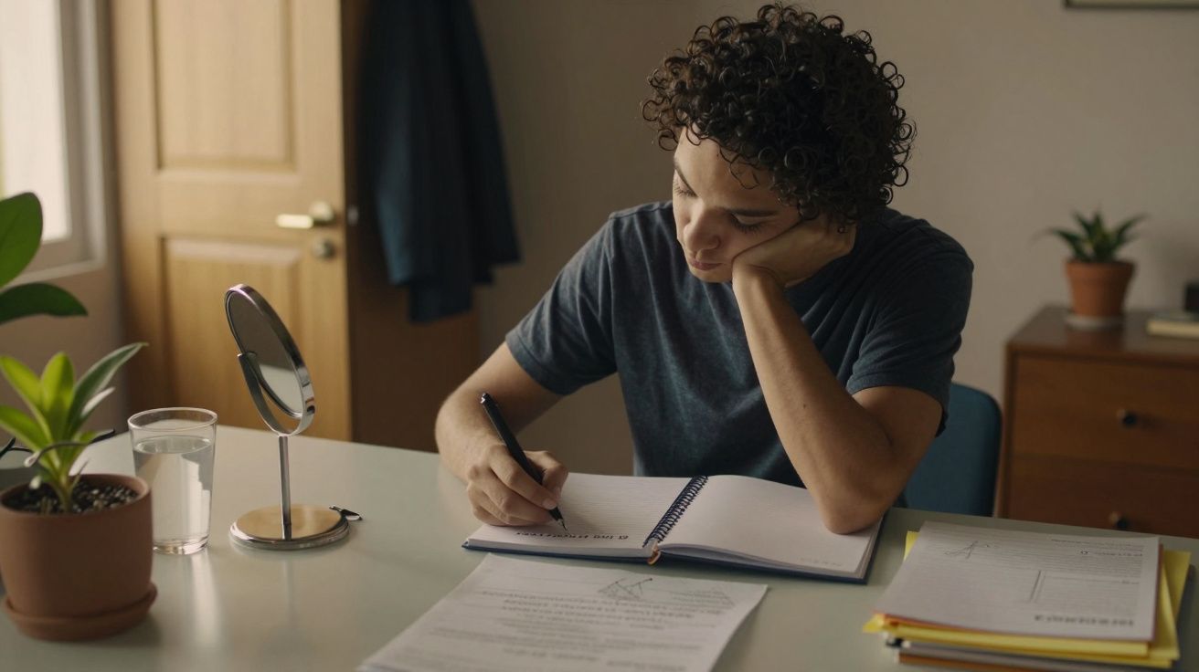 Homem sentado à secretária, concentrado a escrever num caderno, com plantas e um espelho ao lado.