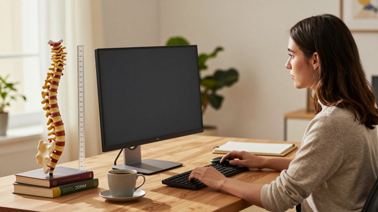Mulher sentada ao computador com modelo de coluna vertebral e livros na mesa, e uma chávena ao lado.