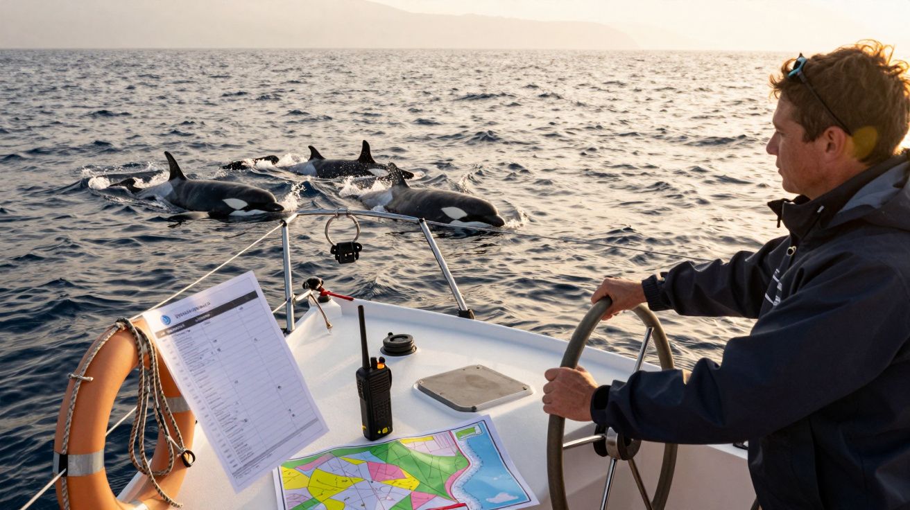 Pessoa a pilotar barco com orcas a nadar ao lado; mapas e rádio a bordo, cenário de mar aberto ao pôr do sol.