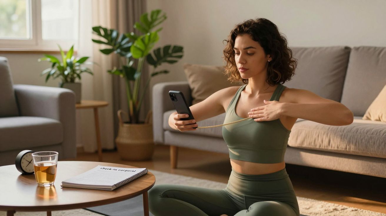 Mulher em roupa de desporto, sentada na sala, segura telemóvel e fita métrica, chá e caderno sobre a mesa.