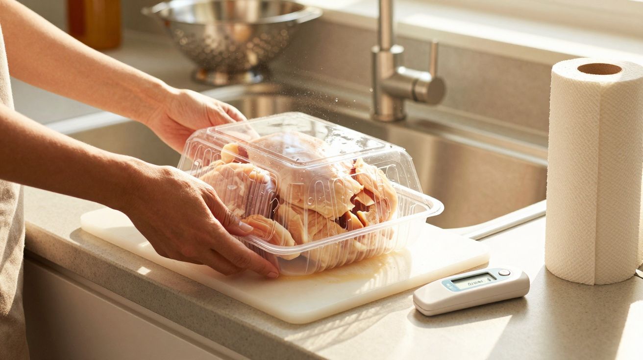 Pessoa segura embalagem de frango cru sobre tábua na cozinha, com termómetro digital e rolo de papel ao lado.