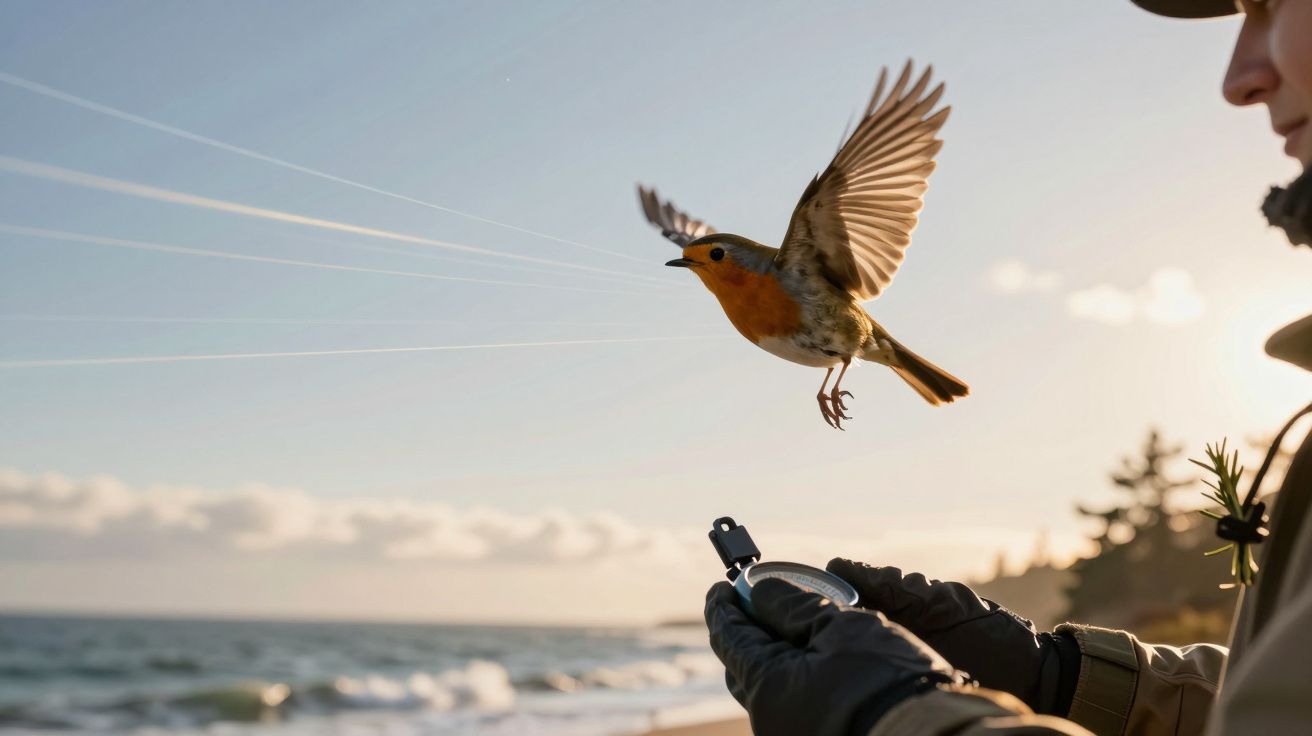 Pássaro a voar na praia com pessoa a segurá-lo, céu azul e mar ao fundo.