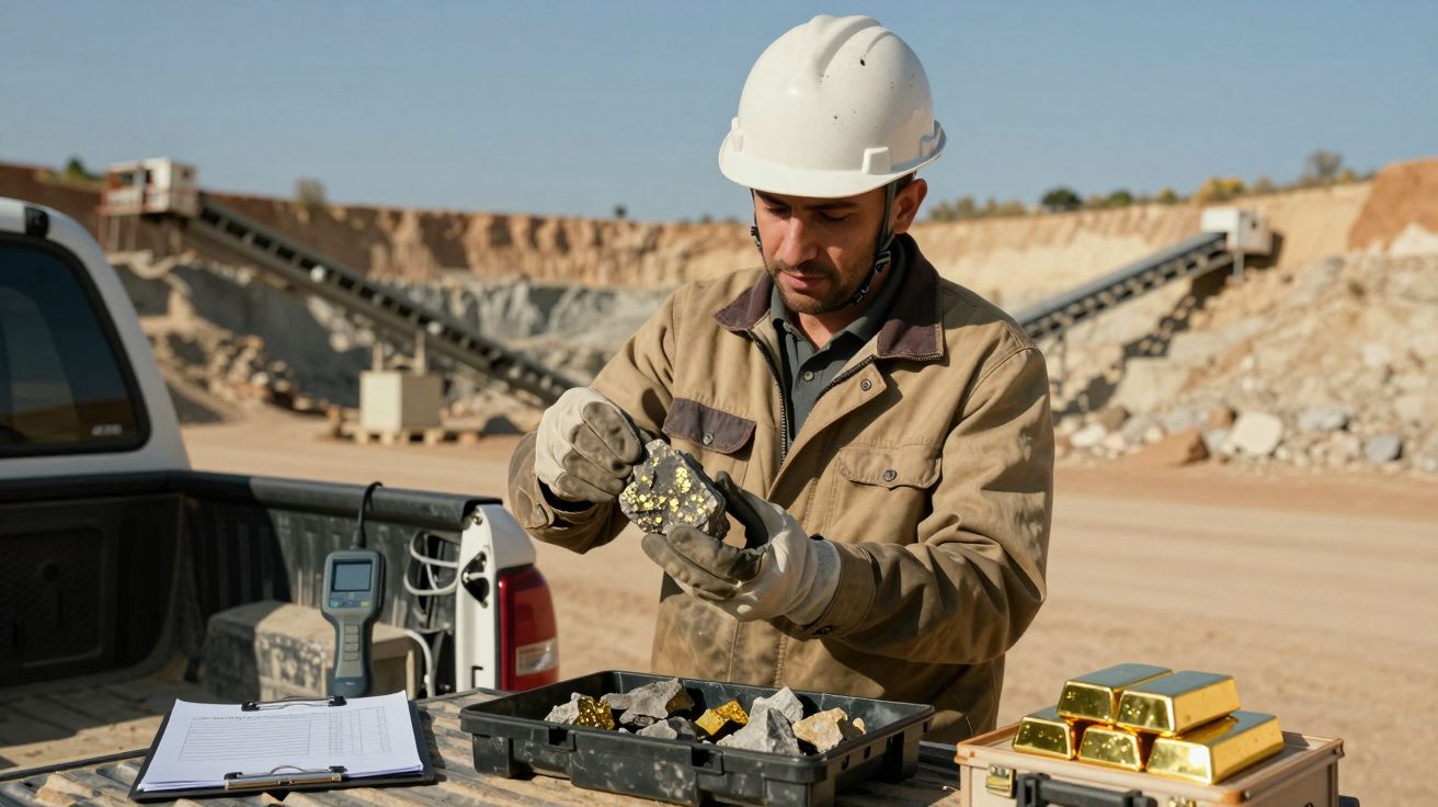 Homem de capacete analisa minério de ouro numa mineração ao ar livre, com barras de ouro e equipamentos numa mesa.