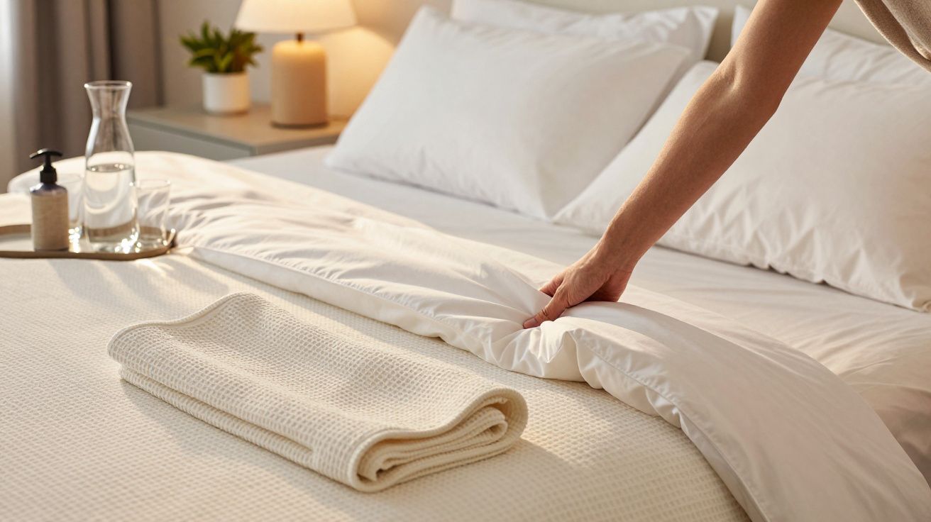 Mão a ajustar lençol branco numa cama arrumada com cobertor dobrado e tabuleiro com garrafa e copo ao lado.
