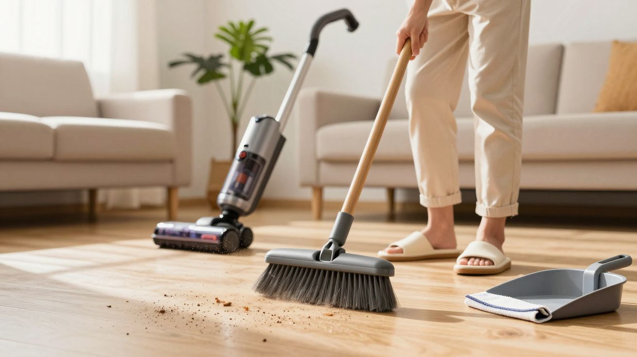 Pessoa a varrer o chão de madeira com uma vassoura, pó e pá ao lado, num sala de estar com sofá ao fundo.