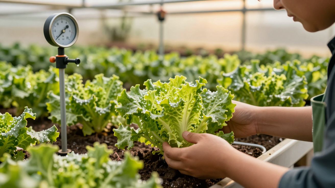 Pessoa colhe alface em estufa com manómetro ao lado, medindo condições de cultivo.