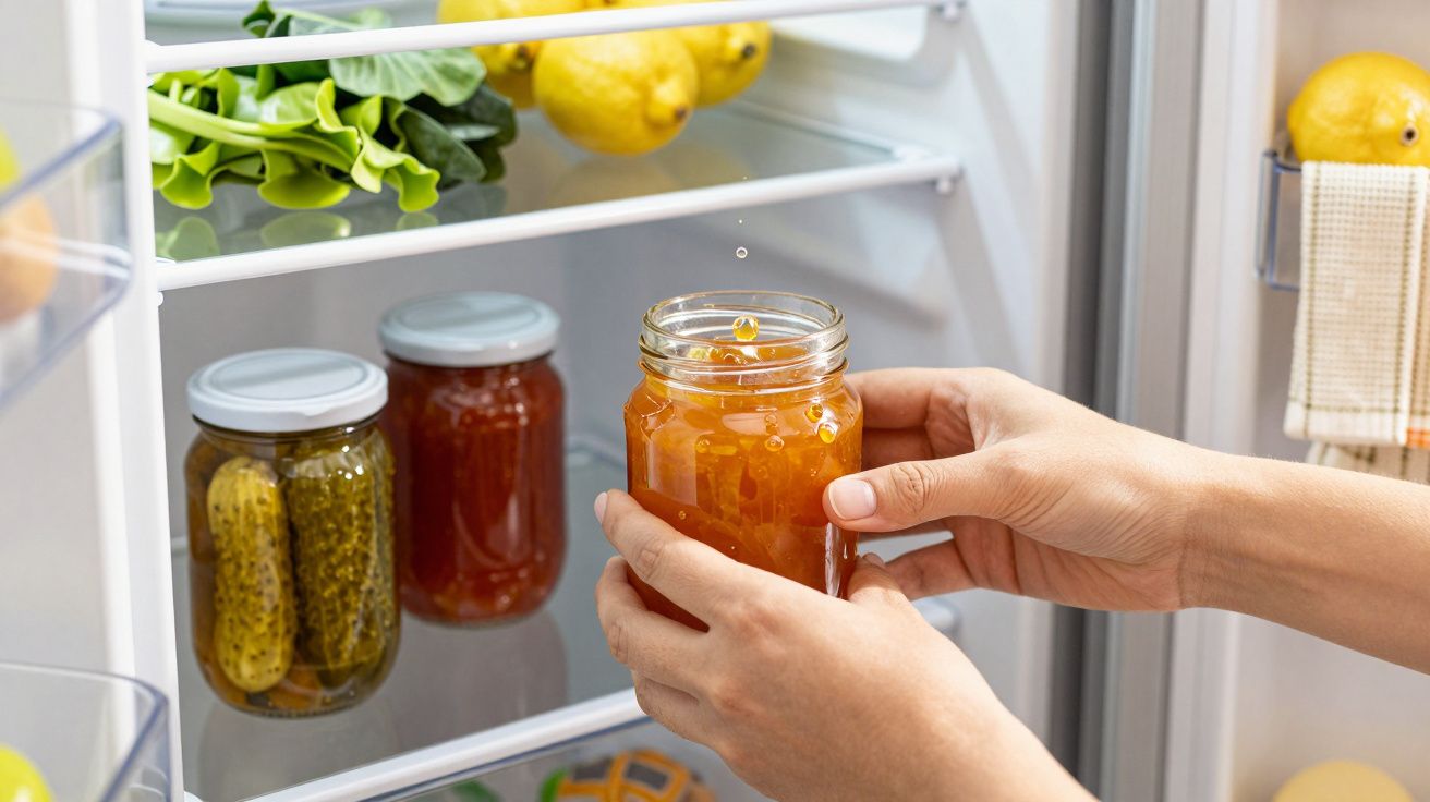 Mãos seguram frasco de compota em frente a um frigorífico com legumes e conservas na prateleira.