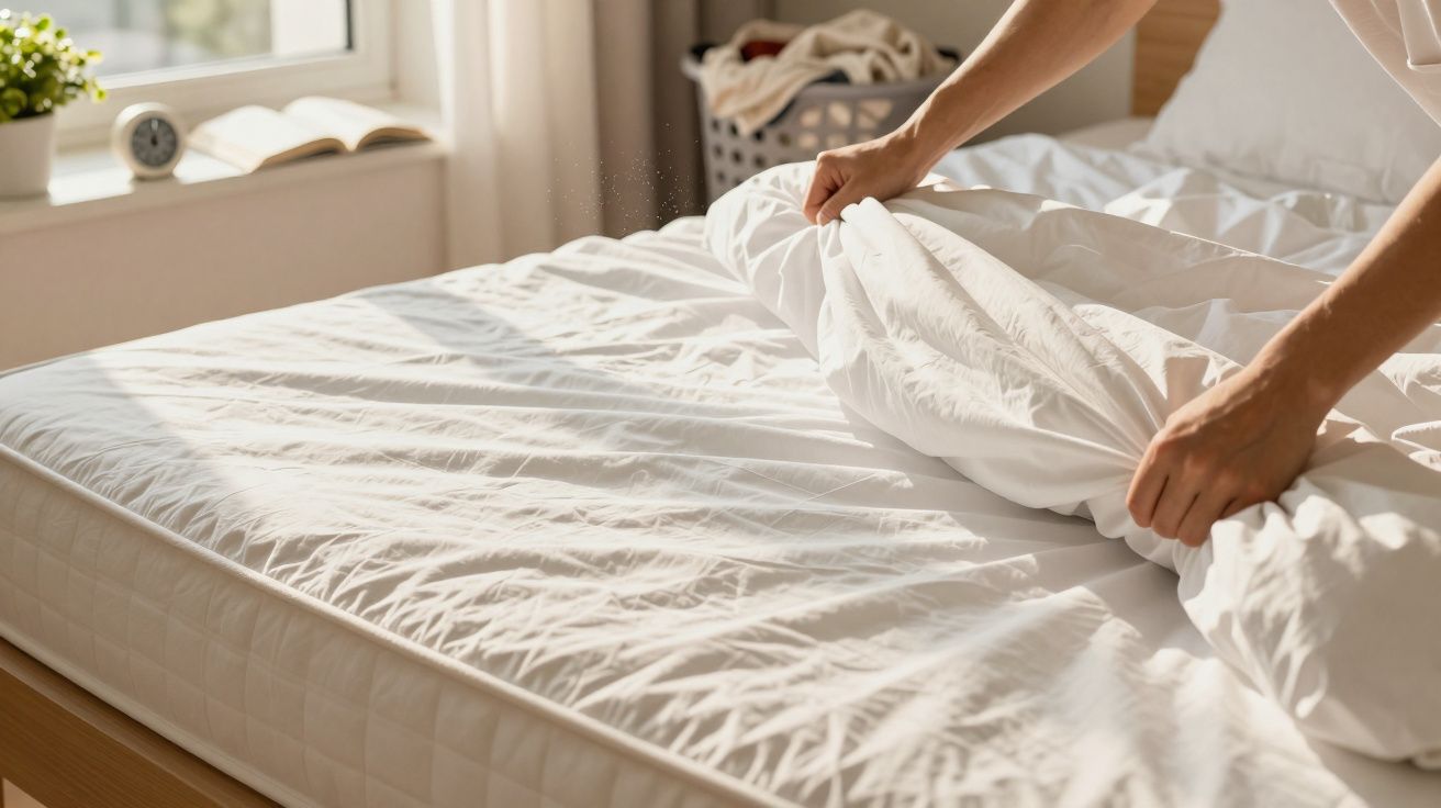 Mãos a arranjar lençóis brancos numa cama ao lado de janela com luz solar. Cesto de roupa ao fundo.