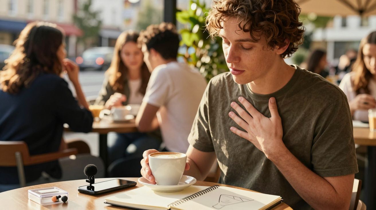 Jovem com chávena de café, caderno e telemóvel, sentado numa esplanada ao ar livre.