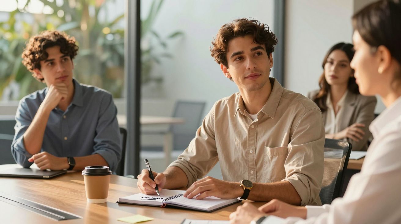 Jovens adultos em reunião numa sala iluminada; dois homens e duas mulheres com cadernos e copos de café.