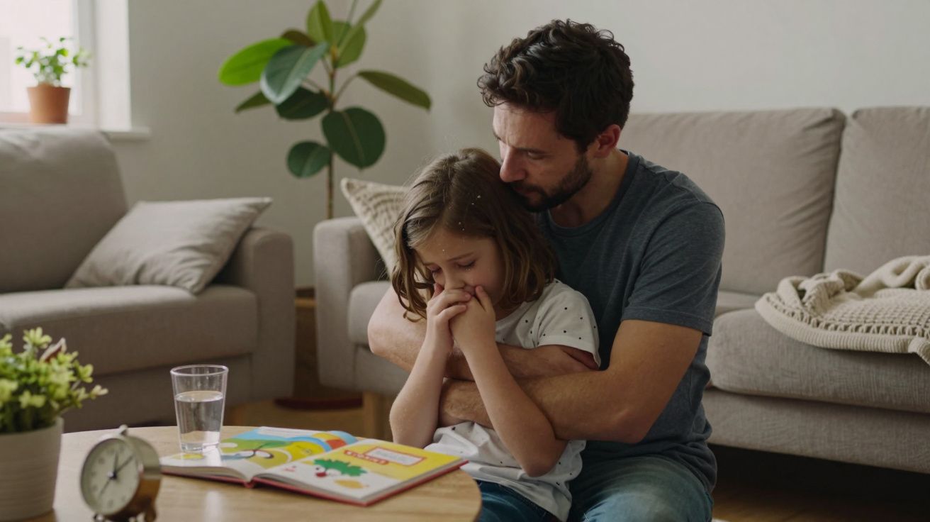 Homem conforta menina triste na sala de estar; livro colorido e copo de água sobre a mesa.