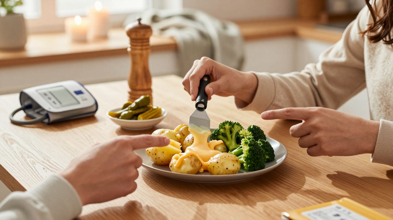 Mãos servem molho sobre batatas e brócolos em prato na cozinha, com um medidor de pressão ao lado.