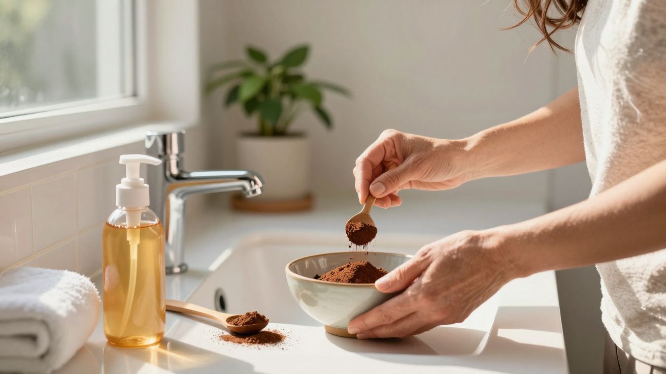 Pessoa mistura café moído numa tigela, com lavatório e planta ao fundo.