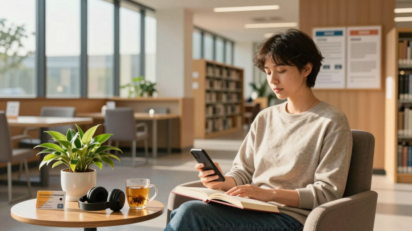 Pessoa sentada em biblioteca lendo um livro e usando o telemóvel, com planta, chávena de chá e auscultadores na mesa.