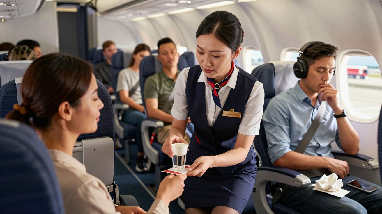 Assistente de bordo entrega bebida a passageira num avião, com outros passageiros sentados ao fundo.
