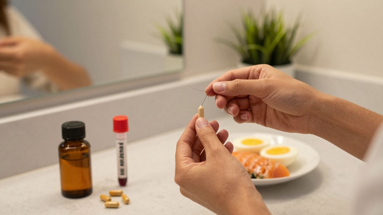 Mãos segurando uma cápsula, com frascos e alimento ao fundo num balcão de casa de banho.