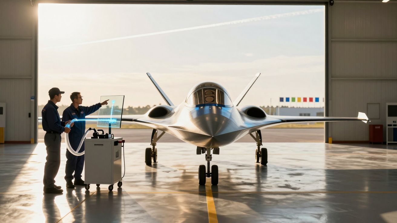 Dois técnicos inspecionam um jato futurista num hangar iluminado pelo sol, com equipamento de computador ao lado.