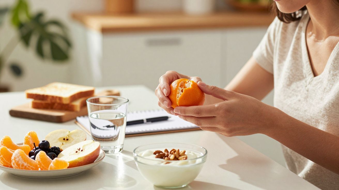 Mulher descasca uma tangerina à mesa com iogurte, frutas, água e torradas.
