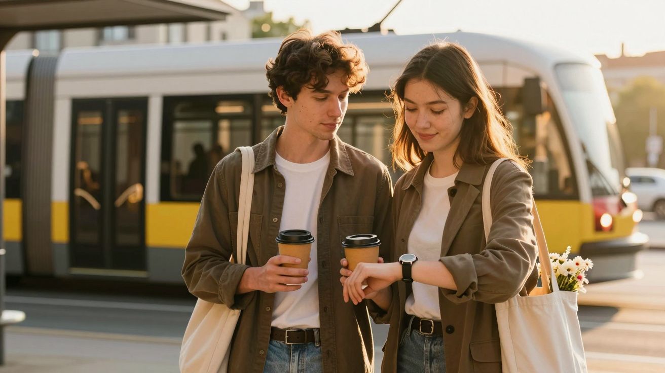 Casal jovem na paragem de tram, com copos de café e sacos de ombro, verificando o relógio ao pôr do sol.