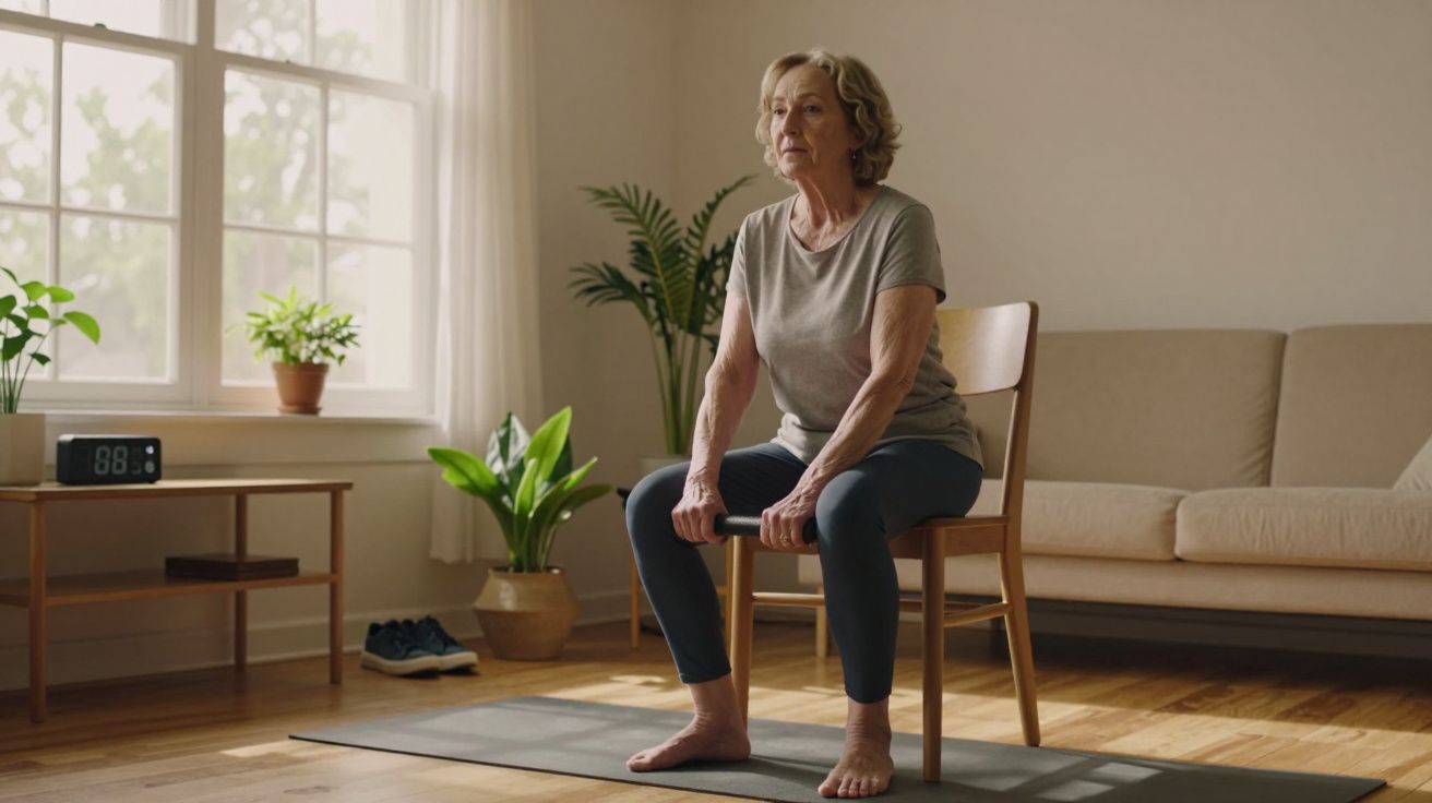 Mulher idosa sentada numa cadeira, numa sala iluminada. Está descalça sobre um tapete de ioga, com plantas ao fundo.