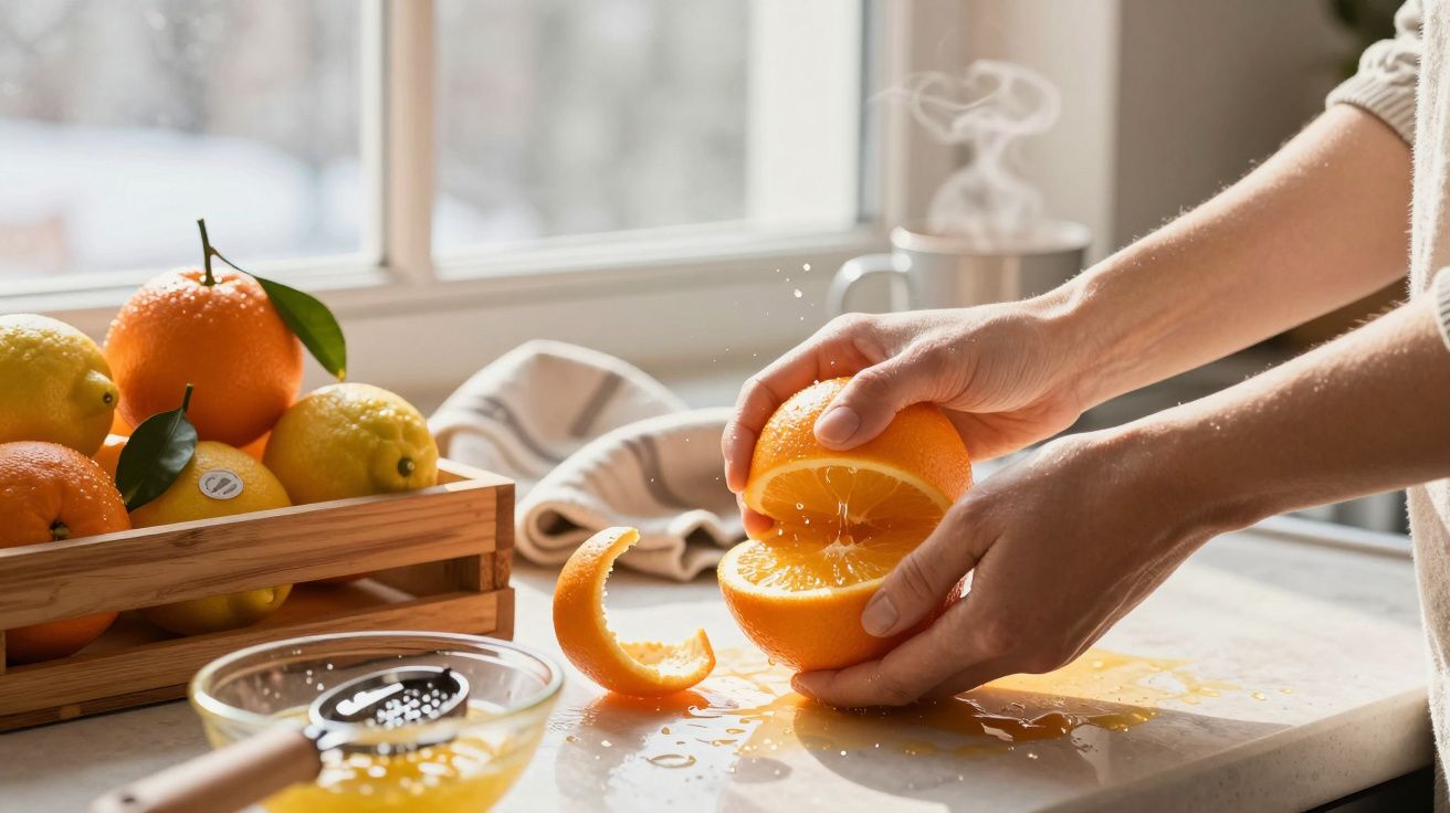 Mãos a espremer uma laranja num balcão com frutas ao lado, luz natural entra pela janela.