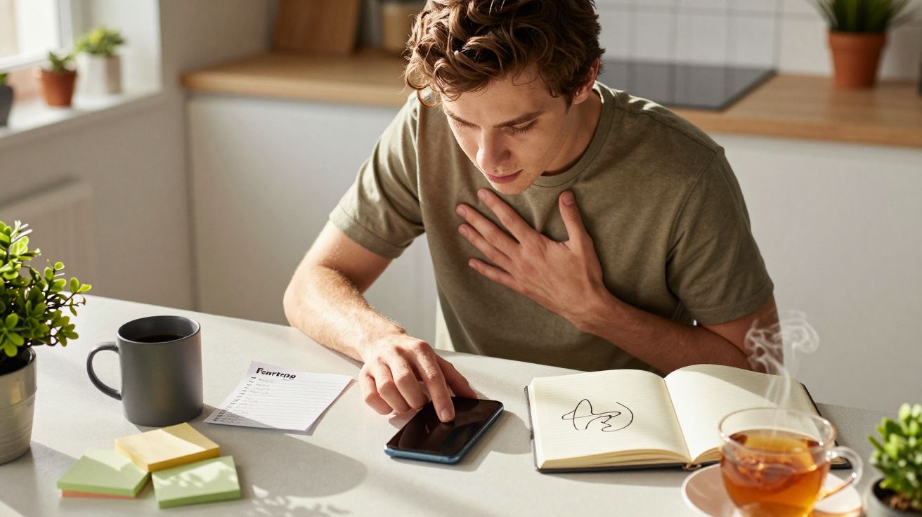 Homem sentado, usando smartphone com uma mão no peito. Mesa com chá, bloco de notas e planta ao lado.