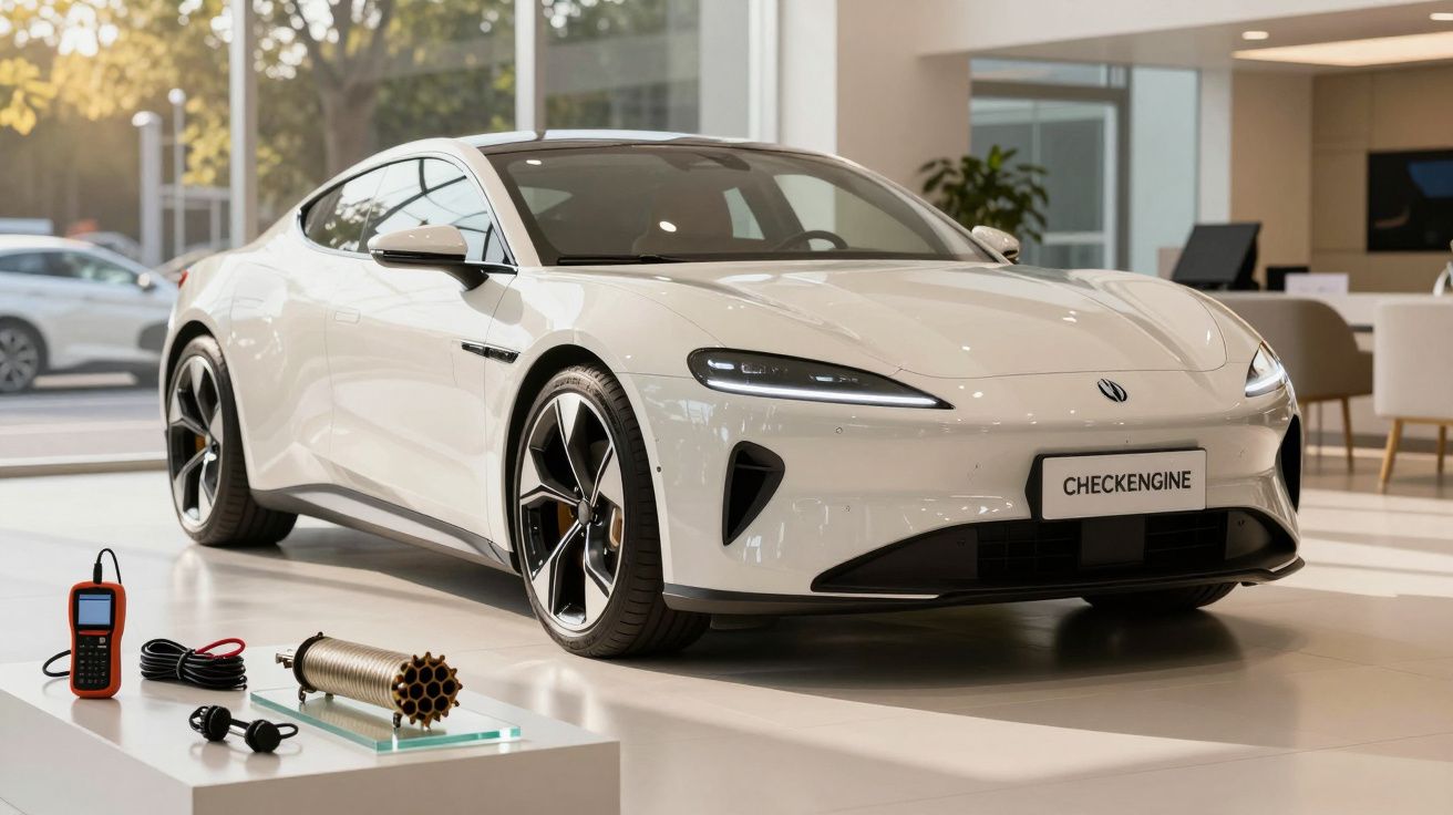 Carro desportivo branco em exposição num showroom, com dispositivos eletrónicos em destaque na mesa à frente.