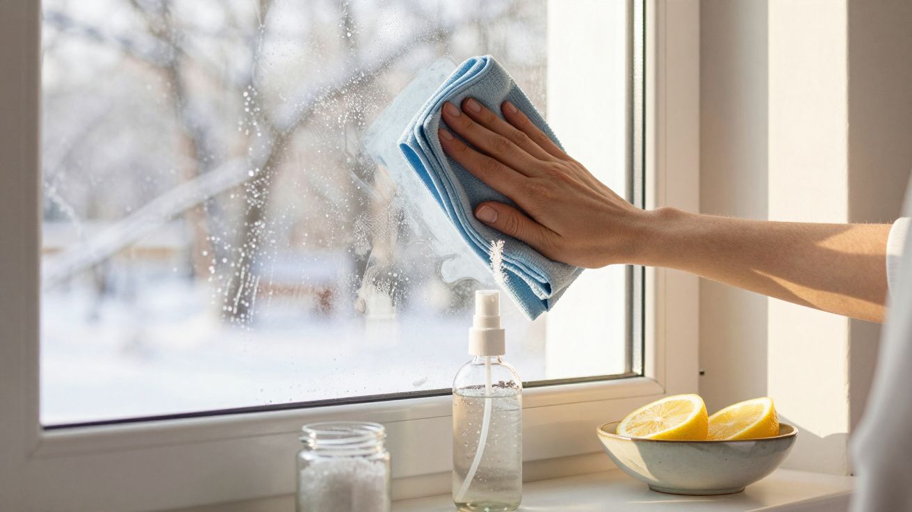 Mão limpa janela com pano azul; spray e limões sobre o parapeito.